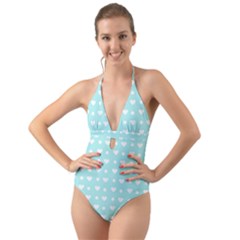 Hearts Dots Blue Halter Cut-out One Piece Swimsuit