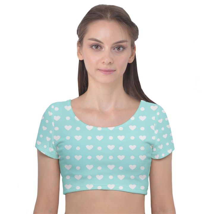 Hearts Dots Blue Velvet Short Sleeve Crop Top 