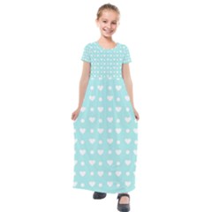 Hearts Dots Blue Kids  Short Sleeve Maxi Dress