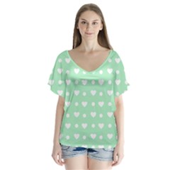 Hearts Dots Green V-neck Flutter Sleeve Top by snowwhitegirl