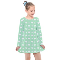 Hearts Dots Green Kids  Long Sleeve Dress