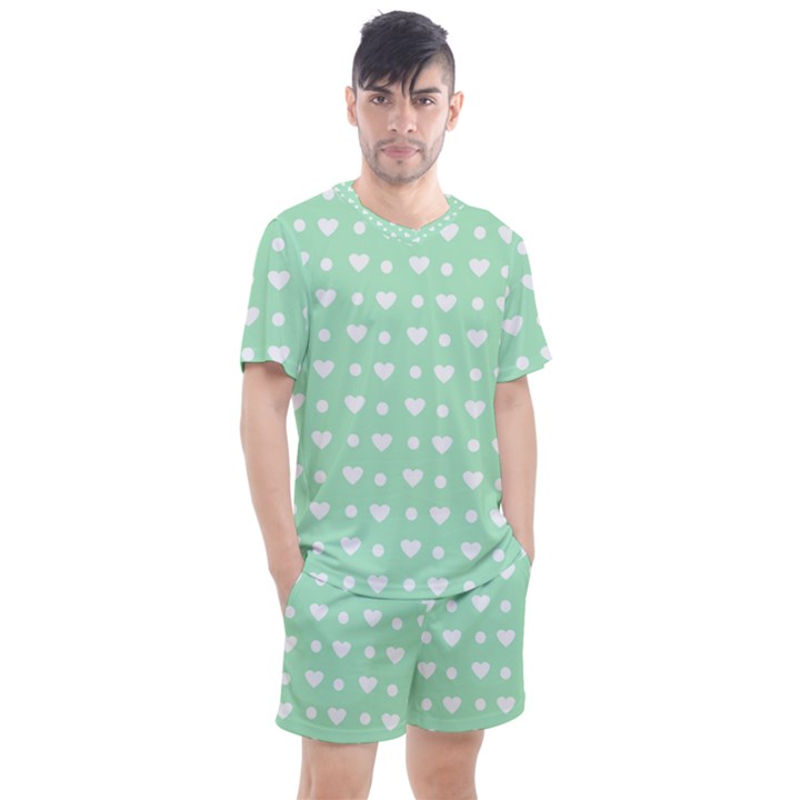 Hearts Dots Green Men s Mesh Tee and Shorts Set