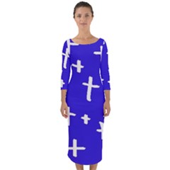 Blue White Cross Quarter Sleeve Midi Bodycon Dress