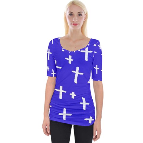 Blue White Cross Wide Neckline Tee by snowwhitegirl