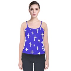 Blue White Cross Velvet Spaghetti Strap Top