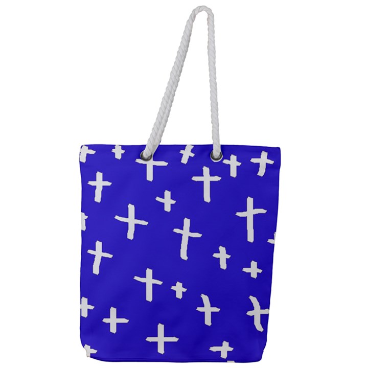 Blue White Cross Full Print Rope Handle Tote (Large)