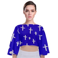 Blue White Cross Tie Back Butterfly Sleeve Chiffon Top