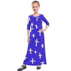 Blue White Cross Kids  Quarter Sleeve Maxi Dress