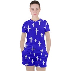 Blue White Cross Women s Tee And Shorts Set