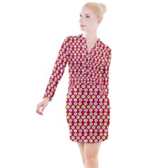 Eye Dots Red Pastel Button Long Sleeve Dress