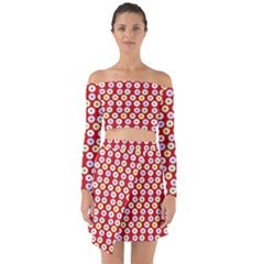 Eye Dots Red Pastel Off Shoulder Top With Skirt Set