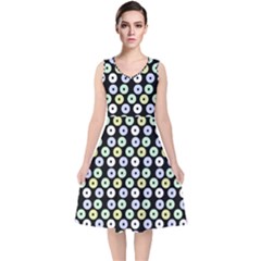 Eye Dots Black Pastel V-neck Midi Sleeveless Dress 