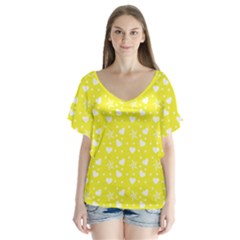 Hearts And Star Dot Yellow V-neck Flutter Sleeve Top by snowwhitegirl