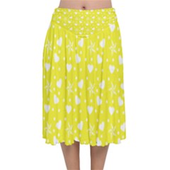 Hearts And Star Dot Yellow Velvet Flared Midi Skirt