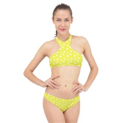 Hearts And Star Dot Yellow High Neck Bikini Set