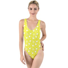 Hearts And Star Dot Yellow High Leg Strappy Swimsuit