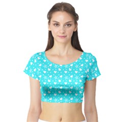 Hearts And Star Dot Blue Short Sleeve Crop Top by snowwhitegirl