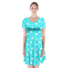 Hearts And Star Dot Blue Short Sleeve V-neck Flare Dress by snowwhitegirl