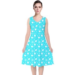 Hearts And Star Dot Blue V-neck Midi Sleeveless Dress  by snowwhitegirl