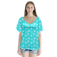 Hearts And Star Dot Blue V-neck Flutter Sleeve Top by snowwhitegirl