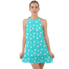 Hearts And Star Dot Blue Halter Tie Back Chiffon Dress