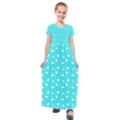 Hearts And Star Dot Blue Kids  Short Sleeve Maxi Dress by snowwhitegirl