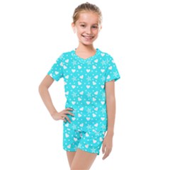 Hearts And Star Dot Blue Kids  Mesh Tee And Shorts Set