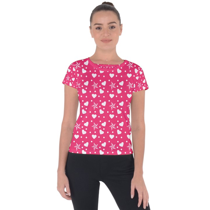 Hearts And Star Dot Pink Short Sleeve Sports Top 