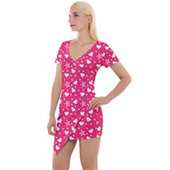 Hearts And Star Dot Pink Short Sleeve Asymmetric Mini Dress