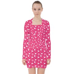 Hearts And Star Dot Pink V-neck Bodycon Long Sleeve Dress