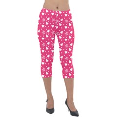 Hearts And Star Dot Pink Lightweight Velour Capri Leggings 