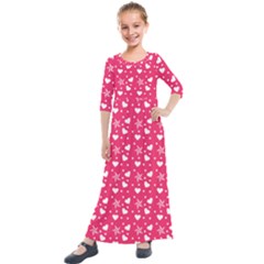 Hearts And Star Dot Pink Kids  Quarter Sleeve Maxi Dress