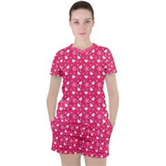 Hearts And Star Dot Pink Women s Tee And Shorts Set