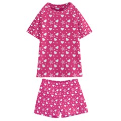 Hearts And Star Dot Pink Kids  Swim Tee And Shorts Set