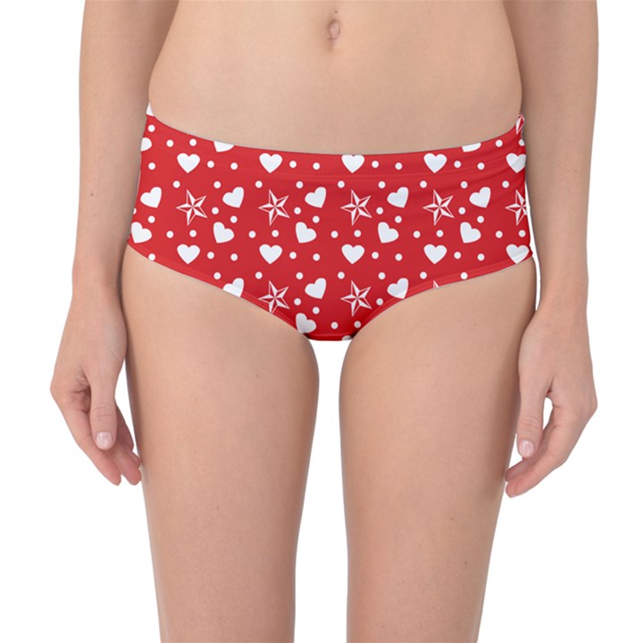 Hearts And Star Dot Red Mid-Waist Bikini Bottoms