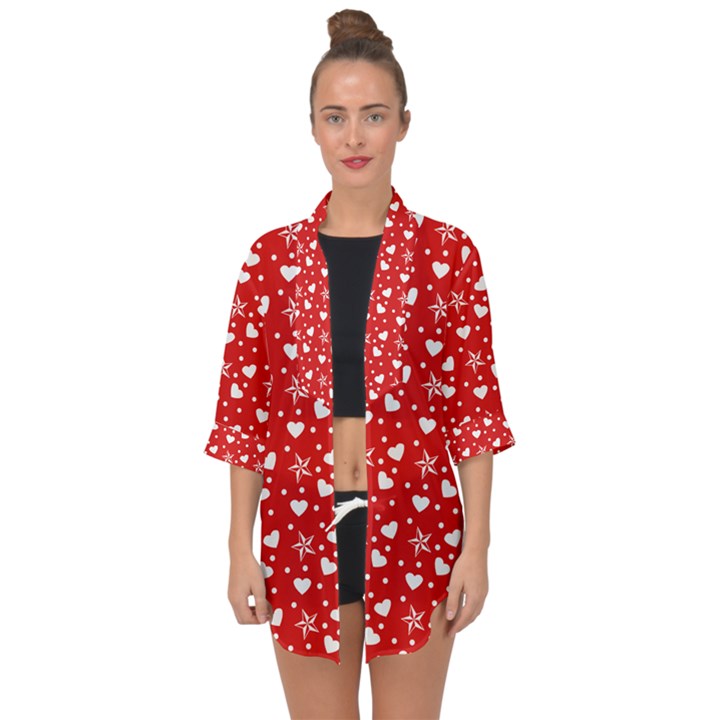 Hearts And Star Dot Red Open Front Chiffon Kimono