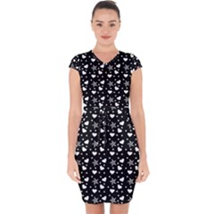 Hearts And Star Dot Black Capsleeve Drawstring Dress 