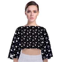 Hearts And Star Dot Black Tie Back Butterfly Sleeve Chiffon Top