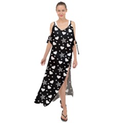 Hearts And Star Dot Black Maxi Chiffon Cover Up Dress