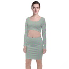 Hearts And Star Dot Green Long Sleeve Crop Top & Bodycon Skirt Set