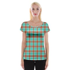 Aqua Orange Plaid Cap Sleeve Tops