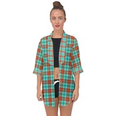 Aqua Orange Plaid Open Front Chiffon Kimono