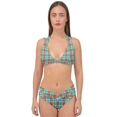 Aqua Orange Plaid Double Strap Halter Bikini Set