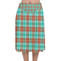 Aqua Orange Plaid Velvet Flared Midi Skirt