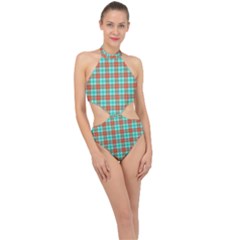 Aqua Orange Plaid Halter Side Cut Swimsuit