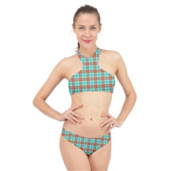 Aqua Orange Plaid High Neck Bikini Set by snowwhitegirl