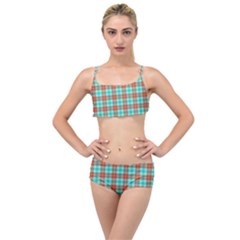 Aqua Orange Plaid Layered Top Bikini Set