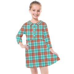 Aqua Orange Plaid Kids  Quarter Sleeve Shirt Dress