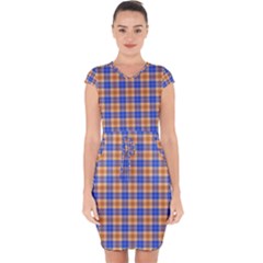 Orange Blue Plaid Capsleeve Drawstring Dress 