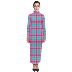 Blue Pink Plaid Turtleneck Maxi Dress